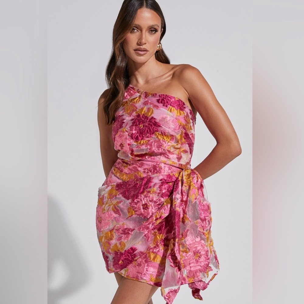 Showpo Brailey Mini Dress One Shoulder Wrap Front Dress Pink Jacquard US 6 NWOT